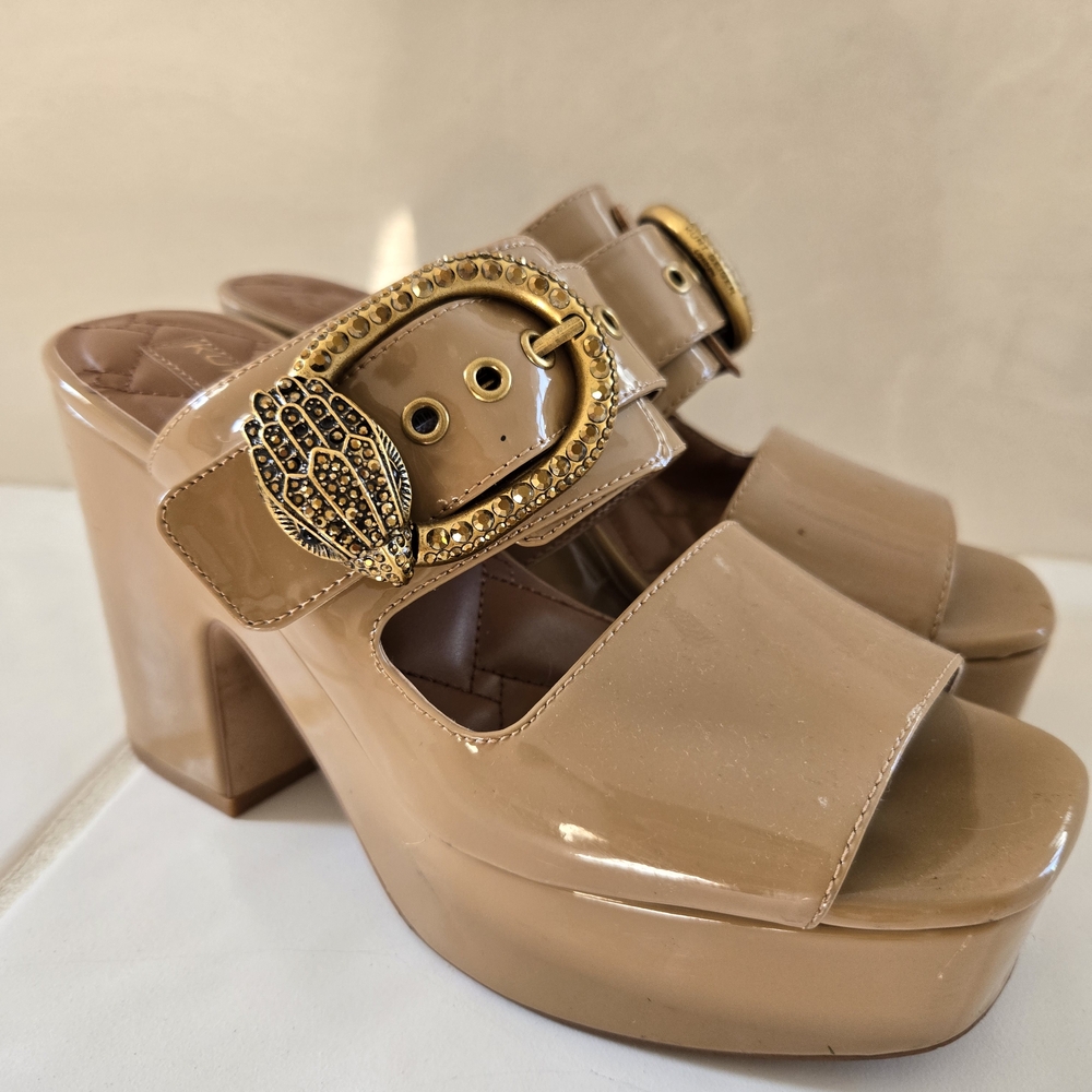 Kurt Geiger Tan Gold Patent Leather Mules with Platform